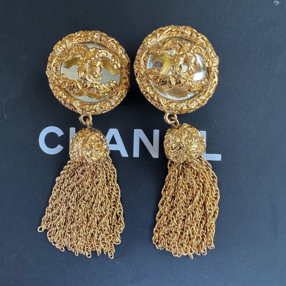 Chanel Vintage CC Mirrored Lava Tassel Clip-On Earrings Gold 93P Authentic CoA